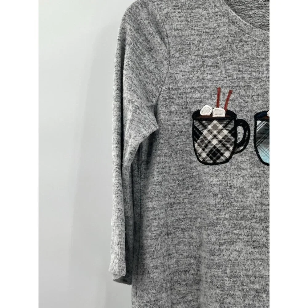 Cactus + Pearl Sweater Hi Low Women’s Medium Embroidery Grey Coffee Hot Cocoa